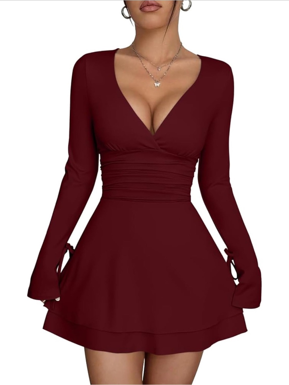 Womens Sexy Wrap V Neck Long Sleeve Mini Dress